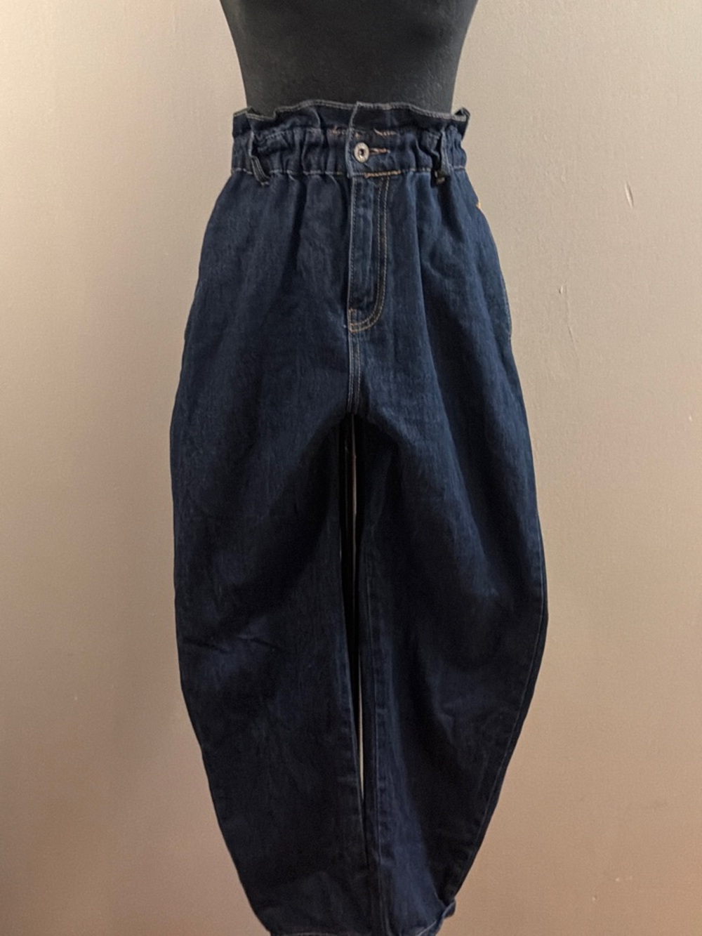 Zara Dark Blue Paperbag Waist Boyfriend Jeans